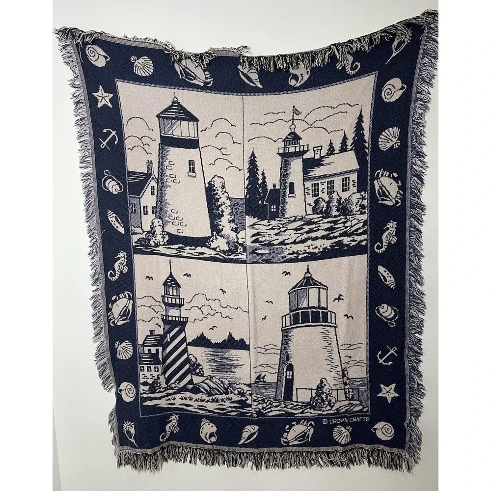 VTG Crown Crafts Tapestry Nautical Lighthouse Sea Shell Throw Blanket 50x60 USA